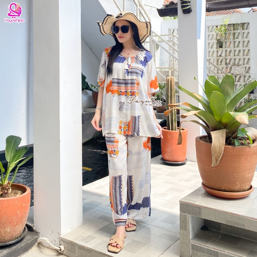 Pamella Set Rok Rayon Motif Terbaru Oneset Wanita Model Tangan Balon Aplikasi Renda dan Ruffle Lucu Yayuku by Yayoe Hijab - Katun