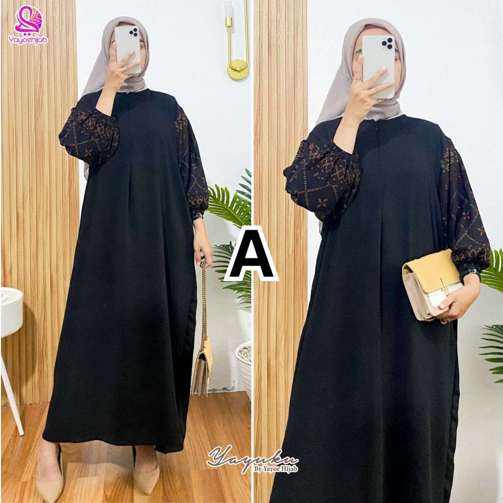 Belinda Dress Kombinasi Motif dan Polos Gamis Wanita Dewasa Kekinian Terbaru Fashion Muslimah
