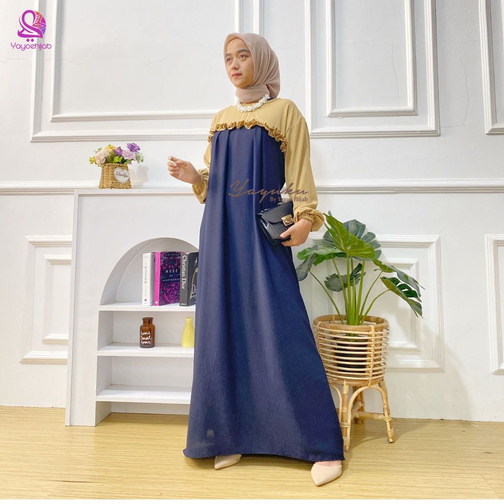 Sherina Dress Kombinasi Dua Warna Polos Gamis Wanita Dewasa Muslimah Kekinian