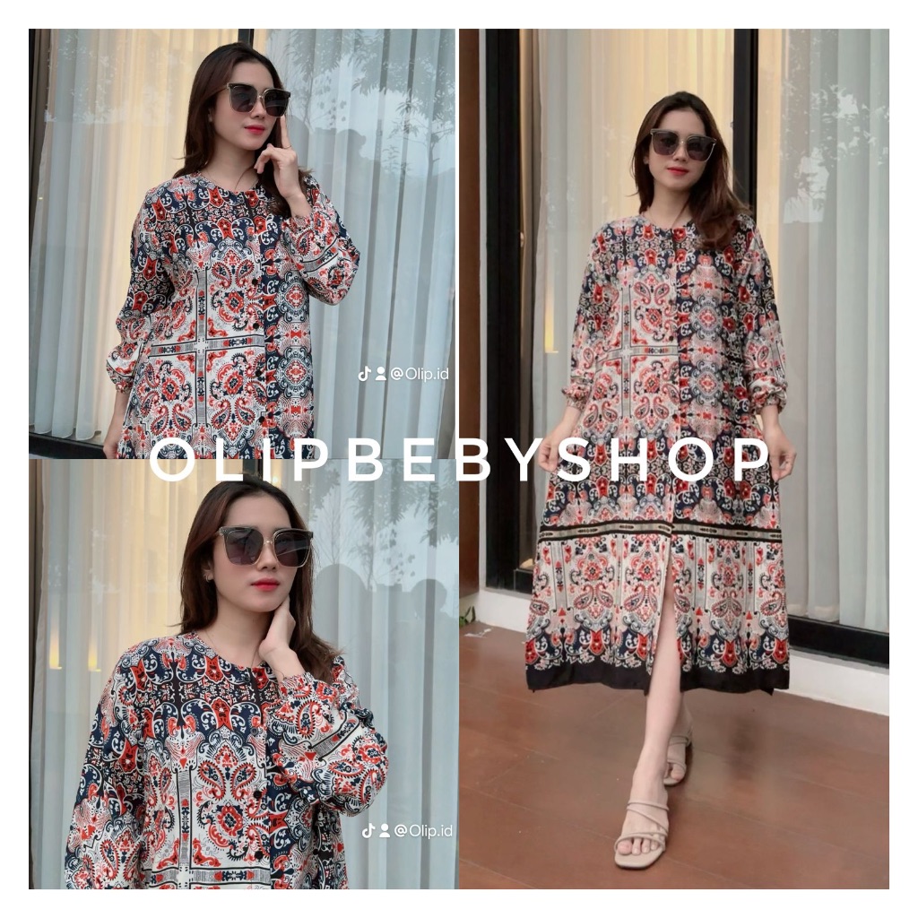 ETNIC-DRESS MIDI TERUSAN WANITA RAYON KANCING DEPAN BUSUI BUMIL casual panjang