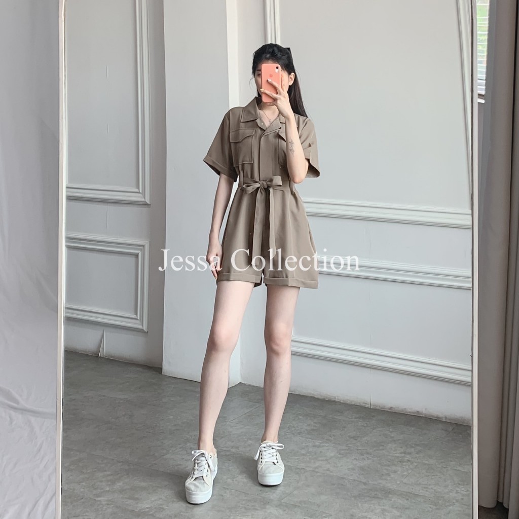 Premium Irina Ribbon Jumpsuit TH 1011 RIVIERA TWILL Overall Wanita Celana Pendek Casual Simple Motif Polos Tangan Pendek