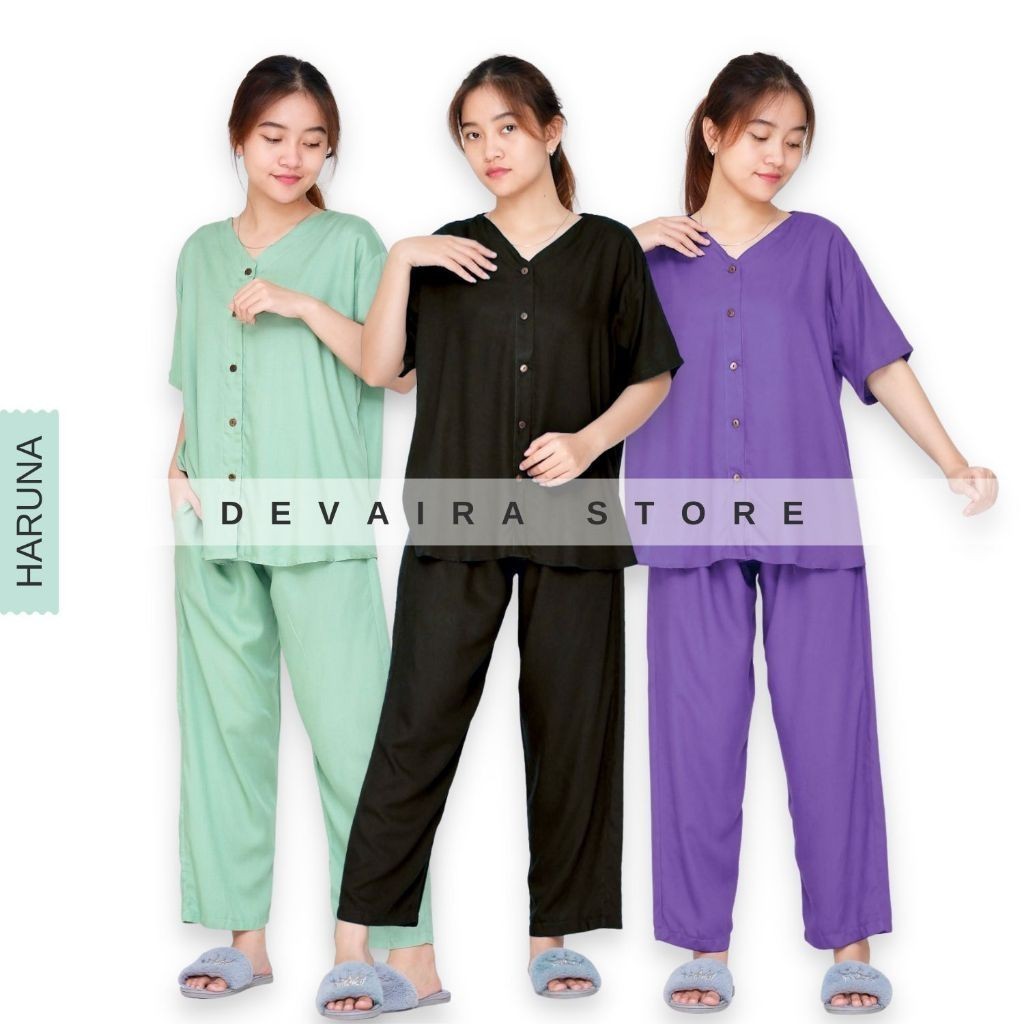 Haruna One Set Rayon Setelan Piyama Wanita Dewasa Celana Panjang Busui Kekinian