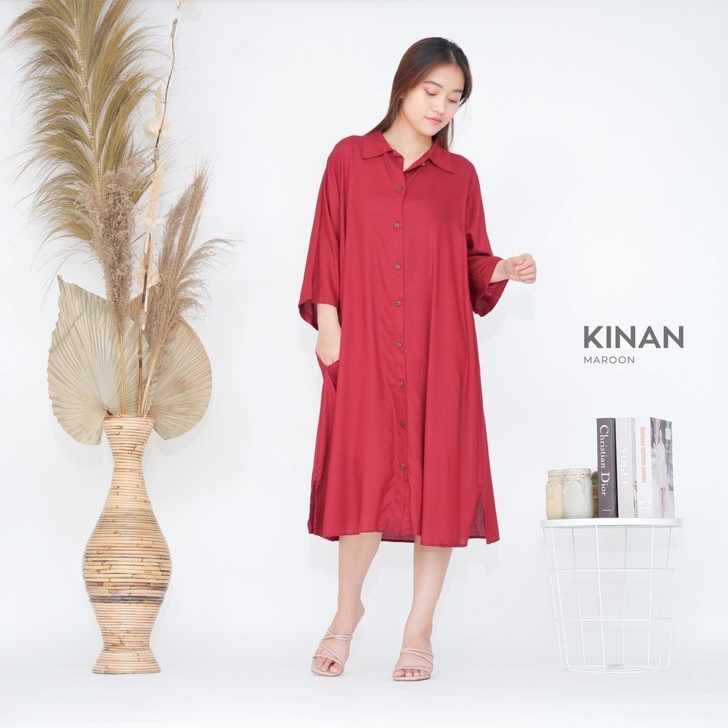 Kinan Midi Dress Rayon Wanita Dewasa Lengan 3/4 Busui Kekinian Terbaru